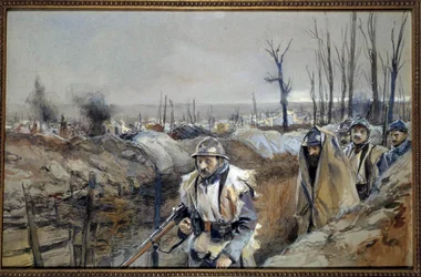Første Verdenskrig: "" Udsigt over Souchez (i Artois), en skyttegrav den 18/12/1915"" Akvarelmaleri af Francois Flameng (1856-1923) December 1915 Søn. 0,3x0,48 m Paris, musee de l