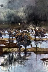 Det franske 1. infanterikorps krydser Yser-kanalen, 31. juli 1917, kl. 4.45 Efter maleri af Francois Flameng (1856-1923), franskmand.