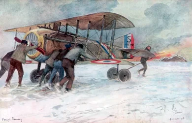 Jordpersonale, der tilser en fransk SPAD på en snedækket mark, 1918, 1926.