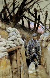 Første Verdenskrig: "" En soldat af suppekorvee i skyttegraven Notre-Dame-de-Lorette 28/06/1915"" Akvarelmaleri af Francois Flameng (1856-1923) Juni 1915 Søn. 0,3x0,48 m Paris, Musee de l