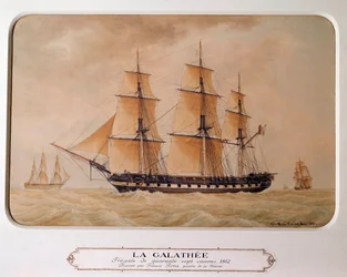 Galathee, en fregat på 47 kanoner i 1812. Maleri af Francois Roux (1811 - 1882). Stik fra 1880. Paris, Musee De La Marine.