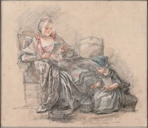 Kvinde læser og spiller en pige (formodentlig Marquise de Pompadour med sin datter Alexandrine), 1748