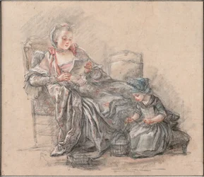 Kvinde, der læser og en pige, der spiller Marquise de Pompadour med sin datter Alexandrine, ca 1748
