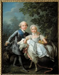 Portræt af Charles Philippe af Frankrig, greve af Artois (fremtidige Charles X (1757-1836) og hans søster Madame Clothilde, fremtidige dronning af Sardinien (1759-1802) repræsenteret i 1763-1764, Maleri af Francois Hubert Drouais (177527)