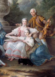 Familien til Louis Francois du Bouchet, Marquis de Sourches og Grand Prevot de France Detail. Maleri af Francois Hubert Drouais (1727-1775) 1756 søn. 3,24 x 2,84 m