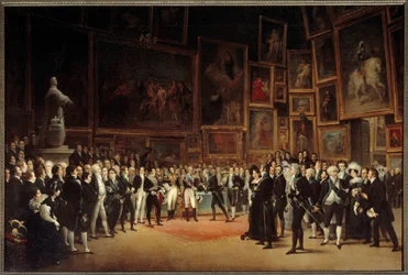 Kong Karl 10. (1757-1836) uddeler priser til kunstnere efter udstillingen i 1824, maleri af François Joseph Heim (1787-1865), 1827, 1,73 x 2,56 m