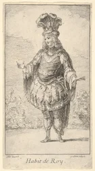 Habit de Roy: en mand iført en tonnelet dekoreret med rosetter, en krone og en turban med..., ca. 1721.