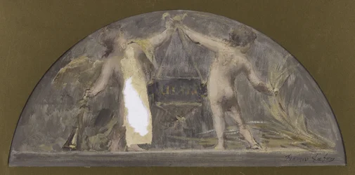 Skitse til spisestuen i Hôtel de Ville de Paris, det ene barn holder en trompet og det andet en kappe, der løfter en stor kasse