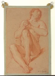 Istuu akateeminen alaston kädet ristissä, n. 1723-24 (punavalkoinen liitu vaaleanruskealla paperilla)