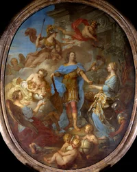 Kong Ludvig XV (1710-1774) giver fred til Europa Allegorie på tidspunktet for traktaten om Sevilla, gudinden Minerva er repræsenteret. Maleri af Francois le Moyne (1688-1737) 1729 søn. 3,82x2,95 m .
