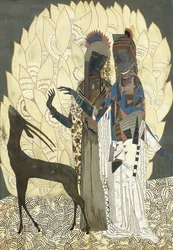 To stiliserede kvinder med en antilope blandt løv, ca. 1928 (lak og coquille d