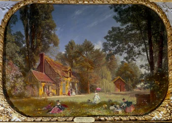 Udsigt over landsbyen Chantilly. Bygning bygget af arkitekten Jean Francois Leroy for prinsen af Conde mellem 1772 og 1774. Maleri af Francois Louis Francais (1814 - 1897)