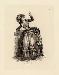 Moderigtig kvinde i motorhjelm a la Nicolet, Marie Antoinettes æra (radering)