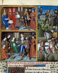 Scener fra franckongen Karl den Stores liv (742-814). Miniature taget fra manuskriptet "Speculum historiale"" (Le Mirror historial) af Vincent de Beauvais (1184/94-1264) oplyst af Mester Francois (1400-tallet). Chantilly, Conde