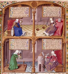 De fire kardinalvirus: forsigtighed, styrke, kontinens og retfærdighed. Side taget fra et manuskript af Seneque (Lucius Annaeus Seneca, 4 f.Kr.-65 e.Kr. JC), filosof fra den stoiciske skole, dramatiker og en romersk statsmand oplyst af mesteren Francois.