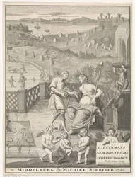 Hollandsk jomfru modtager blomster fra en gartner Titelblad for: Carolus Tuinman, Oprindelsen og fortolkningen af ​​(...) Nederduitsche ordsprog, 1726.