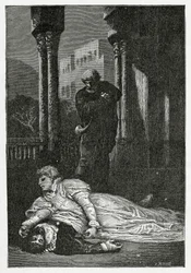Dona Sol dør på Hernanis lig, 1800-tallet (bw-gravering)