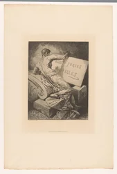 Titeltryk med mand på sten monument Eaux Fortes Nouvelles (titel på objekt) Raderinger af forskellige trykkerier fra 1877 (serietitel) L