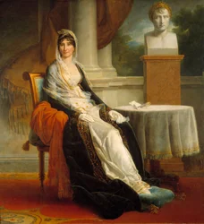 Portræt ved foden af Laetitia Bonaparte (Letizia Maria Ramolino) (1750-1836) Fru Mere Pres af hendes buste af sin søn kejser Napoleon I (1769-1821). Maleri af Francois Gerard (1770-1837) 1803 søn. 1,72x1,78 m Malmaison, musee du chateau - portra i fuld læn