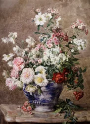 Stilleben med anemoner og roser i en blå og hvid vase. Maleri af Francois Rivoire (1842-1919) Privat samling.