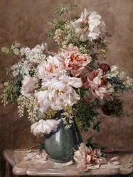 Stilleben med pæoner og roser. Maleri af Francois Rivoire (1842-1919) Privat samling.