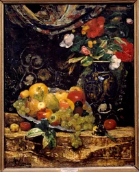 Blomster og frugter. Maleri af Francois Vernay (1821-1896)