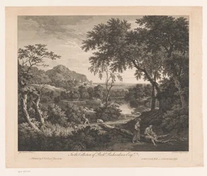 Landskab med hyrde og to figurer ved en pool