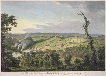 South-West Prospect of Coalbrookdale (håndfarvet gravering)
