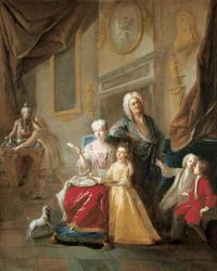 Portræt af en familie i et interiør