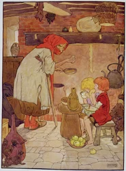 Hans og Grete bliver fodret af heksen, illustration fra 