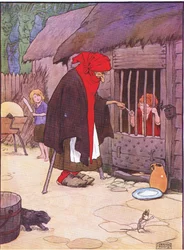 Den gamle kvinde lukkede Hansel i en stald, fra Hansel and Gretel udgivet af Blackie & Son Limited, ca. 1940