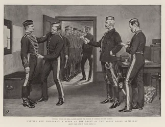 Montering af nye uniformer, en scene på depotet for Royal Horse Artillery