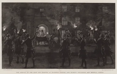 Czarens og Czaritsas ankomst til Balmoral Slot, Hendes Majestæt byder sine kejserlige gæster velkommen