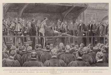 Byens hyldest til sirdaren, hvor overborgmesteren overrakte et æresværd til Lord Kitchener i Guildhall
