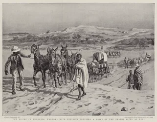 The Rising in Rhodesia, vogne med forsyninger krydser en afdrift af Shashi-floden ved Tuli