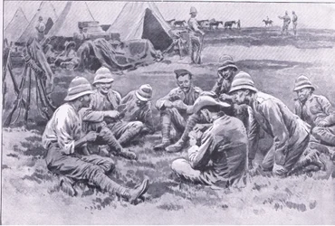 Trætte soldater, der nyder et hvil, fra After Pretoria: The Guerilla War udgivet af Harmsworth Bros Limited, 1901