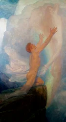 "In Quest of Truth" er en allegorisk fremstilling af søgen efter sandhed med en mand på toppen af et bjerg, der forsøger at fange en flygtig kvindeskikkelse. Maleri af Frank Dicksee (1853-1928) (prerafaelit)