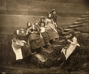 Kvinder venter på dagenes fangst, Whitby Harbour, North Yorkshire, ca. 1899
