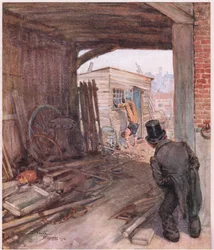 Da han ankom til sit bestemmelsessted, var det første, der mødte hans blik, et par meget mangelfuldt beskodde fødder i luften, ca. 1920