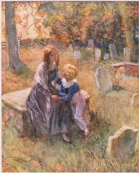 "Forlad os ikke, Nell, selv om himlen er lys. Forlad os ikke!", ca. 1920 (farvelitografi)