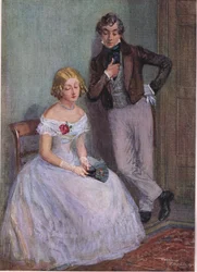 "Jeg er sikker på, at jeg ikke ved, hvad du mener, hr. Swiveller," sagde frøken Sophy med nedslagne øjne, ca. 1920 (farvelitografi).