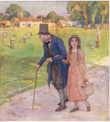 Det var et meget lille sted. Mændene og drengene spillede cricket på den grønne plæne, ca. 1920 (farvelitografi)