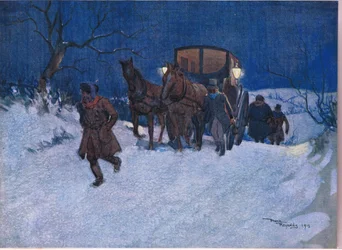 Tæt på rejsens afslutning, ca. 1920 (farvelitografi)