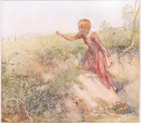 Kort efter solopgang om morgenen sneg hun sig ud af teltet og vandrede ind på nogle marker i skudafstand og plukkede et par roser, ca. 1920 (farvelitografi).