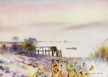 Norfolk Broads: Frosty Sunrise på Ormesby Broad (farve litho)