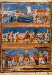Sankt Hieronymus forlader Rom og betaler sin lærer i Jerusalem (øverst), arbejder med sine skriftlærde (i midten) og distribuerer Vulgata (nederst). Miniature i "" Første bibel af Karl den Skaldede, også kendt som Bibelen om Vivien"" (Folio 3v), 845-846. B