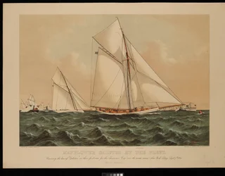Mayflower hyldet af flåden. Krydser stævnen på Galatea i hendes første kapsejlads om America