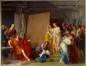 Maleren Zeuxis (eller Zeuxippos, græsk maler, 464-398 f.Kr.) vælger de smukkeste piger fra Kroton som modeller. Maleri af François André Vincent (1746-1816). H. 3,2x4,1 m