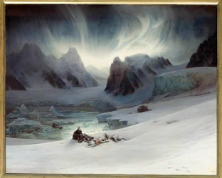 Magdalena Bay viewed from Peninsula Tomb, North Spitsbergen. Aurora borealis effect. Oil on canvas, 1.30 x 1.63 m. - “” Magdalena Bay, view taken from the peninsula of tombs north of Spitzberg, effect of aurora boreale ”” Painting by Francois Auguste Biard
