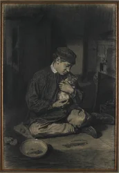 Siddende dreng holder en kat (recto); Studie af killinger og en tallerken mælk (verso), ca. 1874-80 (sort kridt forhøjet med hvidt kridt på råhvidt lagt papir)